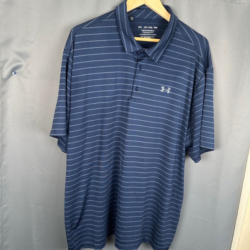 Under Armour Playoff Polo Mens 2XL Navy Blue Striped HeatGear Golf Shirt XXL - Picture 3 of 7